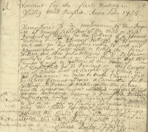 Warrant for the first meeting in Hadley Third Precinct, September 22, 1735