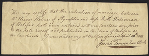 Marriage Intention of Eleazer Holmes of Plympton and Ruth Waterman, 1803