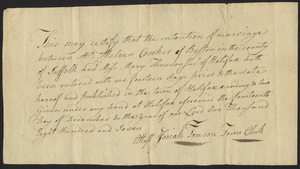 Marriage Intention of Melven Crooker of Boston and Mary Thomson, 1807