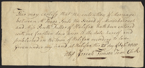 Marriage Intention of Isaac Soule II of Middleborough, Massachusetts and Ruth Fuller, 1805
