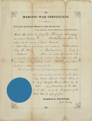 Masonic war certificate issued by Grand Lodge of Illinois to Corporal Phineas Lovejoy, 1861 December 23