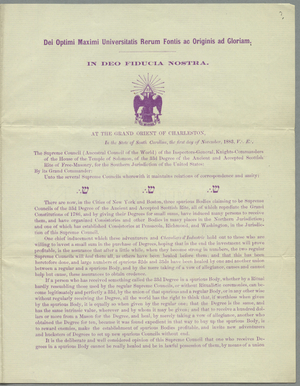 Circular letter from Sovereign Grand Commander Albert Pike regarding the state of the Scottish Rite, 1883 November 1
