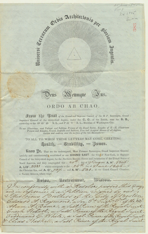 Dispensation issued by the Supreme Council to form a Rose Croix chapter in Boston, 1845 June 25