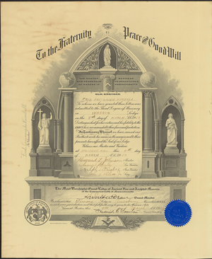 Master Mason certificate for Fred Greenough Kimball