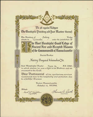Worshipful Master certificate for Harry Bayard Knowles, Jr.