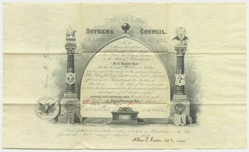 32° traveling certificate issued to Isaac Willard Giles, 1879 April 25