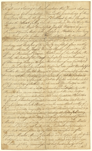 Attested copy of the appointment of Joseph Warren as Provincial Grand Master of Lodges in North America