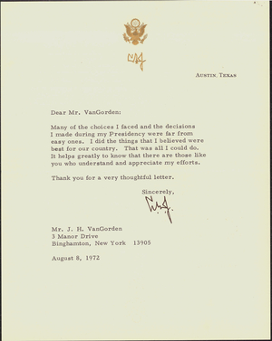Letter from former President Lyndon Baines Johnson to John H. Van Gorden, 1972 August 8