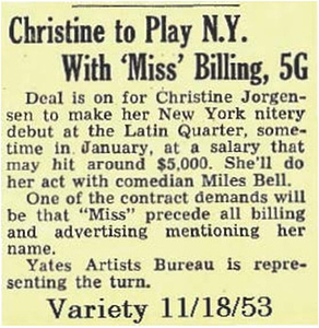 Christine to Play N.Y. With 'Miss' Billing, 5G