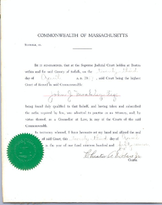 John Joseph Moakley's Certification for Admission as Attorney in Mass., 23 April 1957