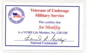 John Joseph Moakley's Veterans of Underage Military Service membership card