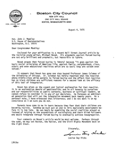 Letter from Louise Day Hicks to John Joseph Moakley regarding an anti-busing Wall Street Journal article by Michael Novak, 4 August 1975