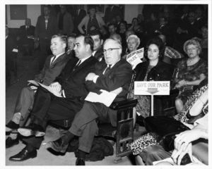 John Joseph Moakley (front row, center) and William M. Bulger (front row, left) at a "Save Our Park" hearing