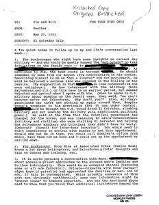 Memorandum to James P. McGovern and William Woodward from Heather Foote regarding El Salvador trip, 27 May 1991