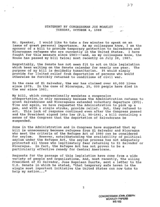 Statement by John Joseph Moakley regarding the Senate's treatment of the John Joseph Moakley-DeConcini bill that would suspend Salvadoran deportations until the violence in El Salvador has calmed, 4 October 1988