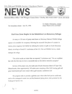 News release, Gull-Free zone Begins to be Established on Monomoy Refuge, 24 June 1996