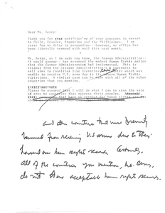 Draft constituent letter from Congressman John Joseph Moakley's office regarding the Reagan administration's human rights policy in Chile, Ecuador, Argentina, and the Philippines