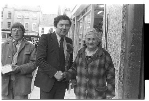 John Hume, leader of the SDLP, meeting people in Downpatrick during the election campaign of Eddie McGrady, SDLP candidate, against Enoch Powell, and close-ups of John Hume alone