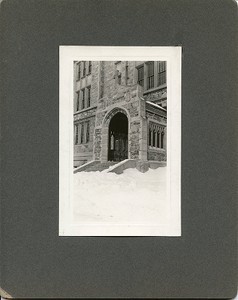 Gasson Hall exterior: entrance steps in snow, by Clifton Church