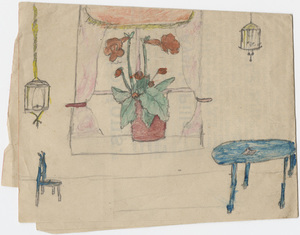 Drawing with red flowers and blue table