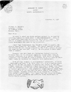 Letter to Michael S. Dukakis, from Armand W. Lemay