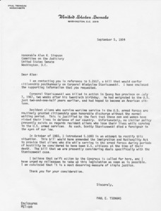 Letter to Alan K. Simpson from Senator Paul E. Tsongas regarding Corporal Wladyslaw Staniszewski