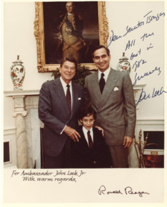 Photograph for Ambassador John Loeb, Jr. with Ronald Reagan: Autographed to Senator Tsongas by John Loeb