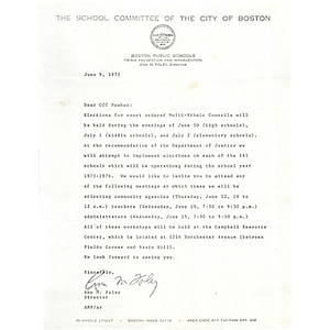 Letter, Boston School Committee to Citywide Coordination Council, June 9, 1975.