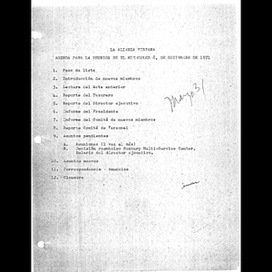 Agenda para la reunion de el miercoles 8, de Diciembre de 1971.