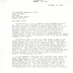 Letter to Raymond L. Flynn, Mayor of Boston, regarding Boston's Chinatown community and statements made by the Chinese Consolidated Benevolent Association