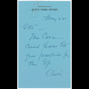 Note from Olivia Pearl Stokes to Otto Phillip Snowden about Melnea Cass testimonial