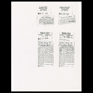 Photocopy of newspaper clippings about Freedom House Coffee Hour featuring Frederick Silver and William Gallagher of St. Paul's Center for the Newly Blind