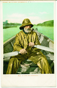 Fisherman in rough weather gear, location unknown, undated