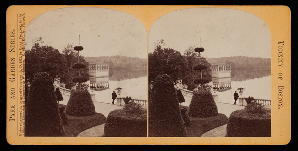Stereograph of topiary garden and water pavilion, Hunnewell Estate, Wellesley, Mass.