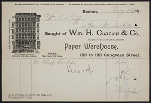 Billhead for Wm. H. Claflin & Co., paper warehouse, 180 to 188 Congress Street, Boston, Mass., dated August 29, 1901