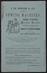 Advertisement for Singer Sewing Machines, I.M. Singer & Co., 323 Broadway, New York, New York, December 1857