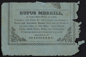 Advertisement for Rufus Merrill, stationery, Low's Brick Block, Concord, New Hampshire, undated