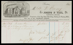 Billhead for Joseph F. Paul, Dr., carpenter & builder, Nos. 441 to 451 Tremont Street, Boston, Mass., dated January 31, 1865