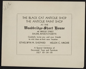 Trade card for the Black Cat Antique Shop, the Antique Paint Shop, Woodbridge-Short House, 48 Bridge Street, Salem, Mass., undated