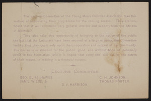 Card for the Young Men's Christian Association, Association Hall, Montclair, Mass., 1872