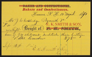Billhead for E.K. Smith & Son, bakers and confectioners, Hanover, New Hampshire, dated August 12, 1871