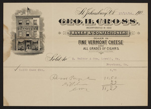 Billhead for Geo. H. Cross., baker & confectioner, Saint Johnsbury, Vermont, dated December 19, 1904