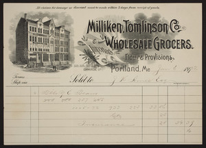 Billhead for Milliken, Tomlinson Co., importers, wholesale grocers, flour & provisions, 303, 305, 307 & 309 Commercial Street, Portland, Maine, dated January 6, 1892