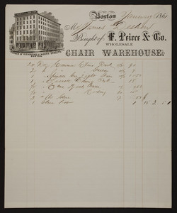 Billhead for F. Peirce & Co., wholesale chair warehouse, corner of Richmond & North Streets, Boston, Mass., dated January 8, 1861