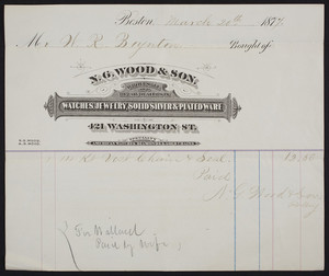 Billhead for N.G. Wood & Son, wholesale and retail dealers in watches, jewelry, solid silver & plated ware, 421 Washington Street, Boston, Mass., dated March 20, 1877