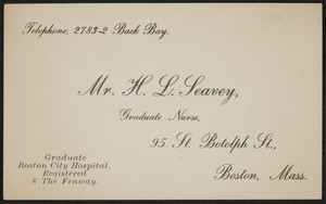 Business card for Mr. H.L. Leavey, graduate nurse, 95 St. Botolph Street, Boston, Mass., undated
