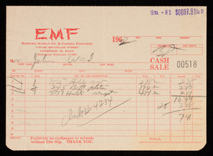 Billhead 00518, August 31, 1962, EMF Electric Supply Co. & Camera Exchange, 110-120 Brookline Street, Cambridge, Mass.