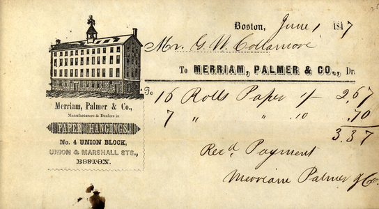 Billhead for Merriam, Palmer & Co., manufacturers & dealers in paper hangings, No. 4 Union Block, Union & Marshall Streets, Boston, Mass., dated June 1, 1847