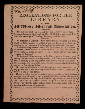 Regulations for the library of the Middlesex Mechanic Association, undated