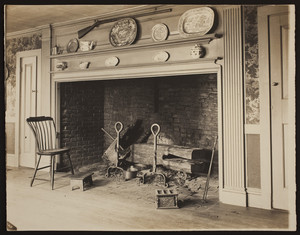 Interior view of the kitchen with the hearth and fireplace, Wing House, ca. 1915